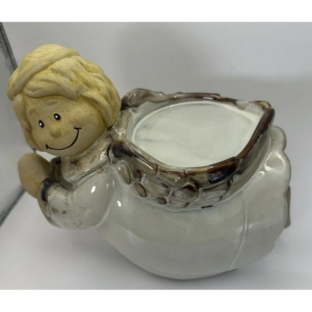Vtg Ceramic Angel Elevated Serving Dish Candle Holder,  Christmas Folk Art Decor